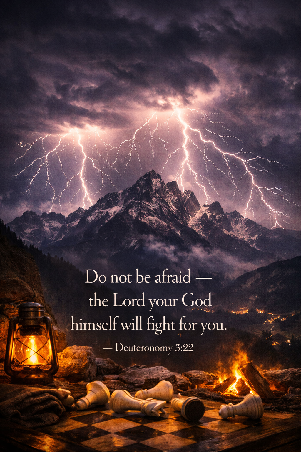 Deuteronomy 3:22 Bible verse phone wallpaper - God will fight for you - lightning storm over mountains with campfire